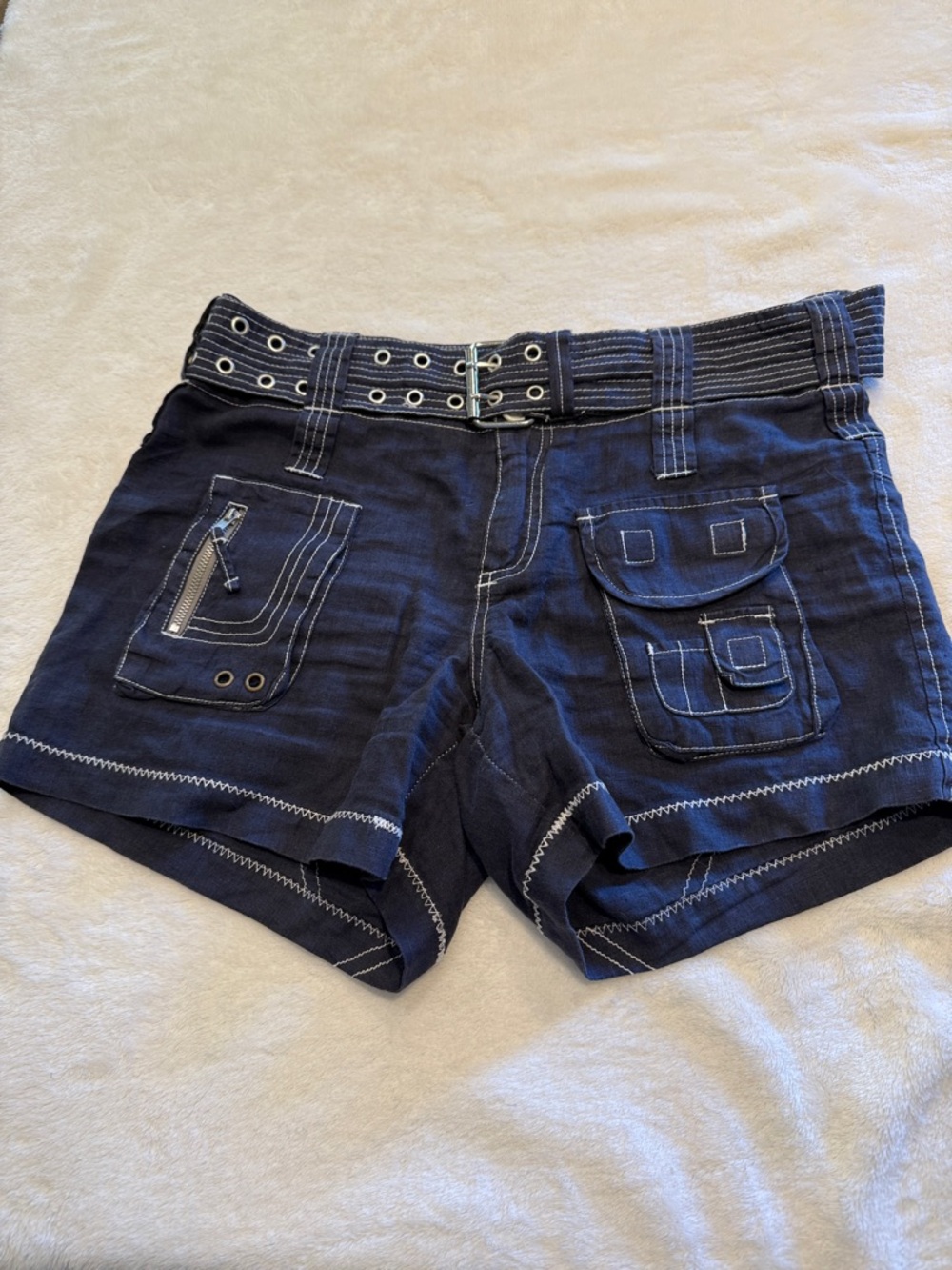 Johnny Was Pete and Greta Navy Cargo Shorts with Contrast Stitching